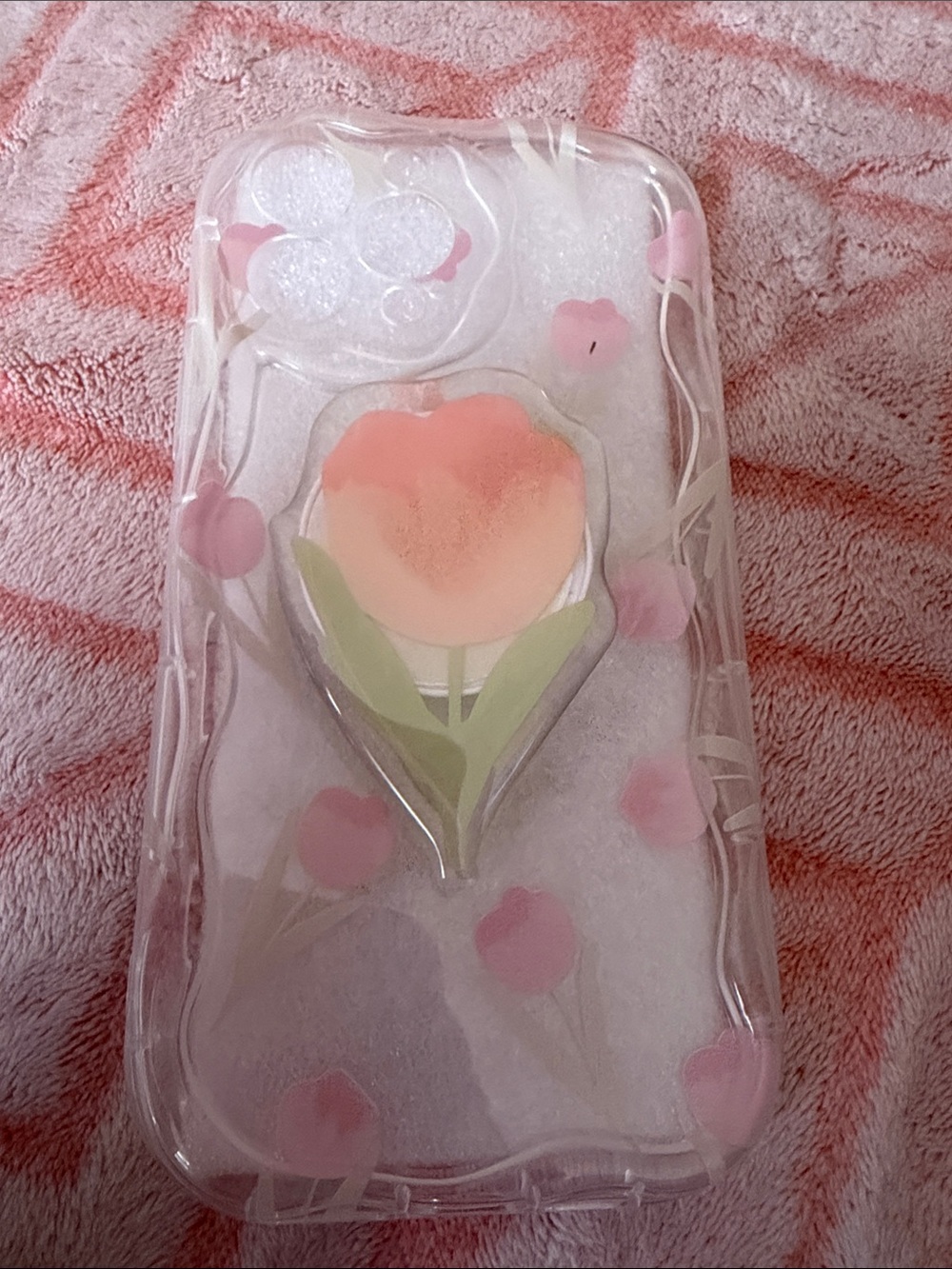 Clear Pink Floral Phone Case with Peach Tulip Pop Grip